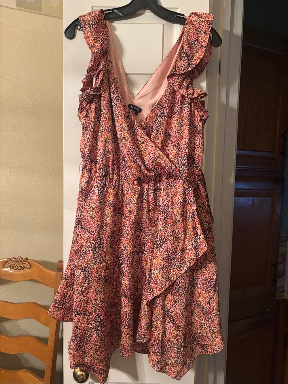 Express Brown Multi-Spot Ruffle Wrap Midi Dress